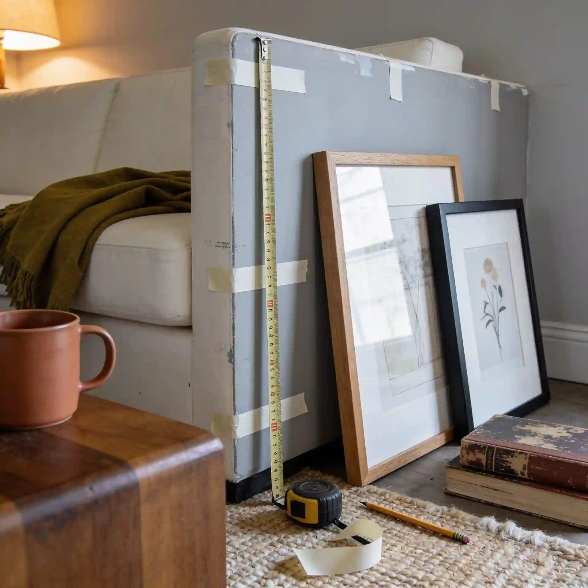 Measuring framed art above a living room sofa with tape, pencil marks, and soft daylight