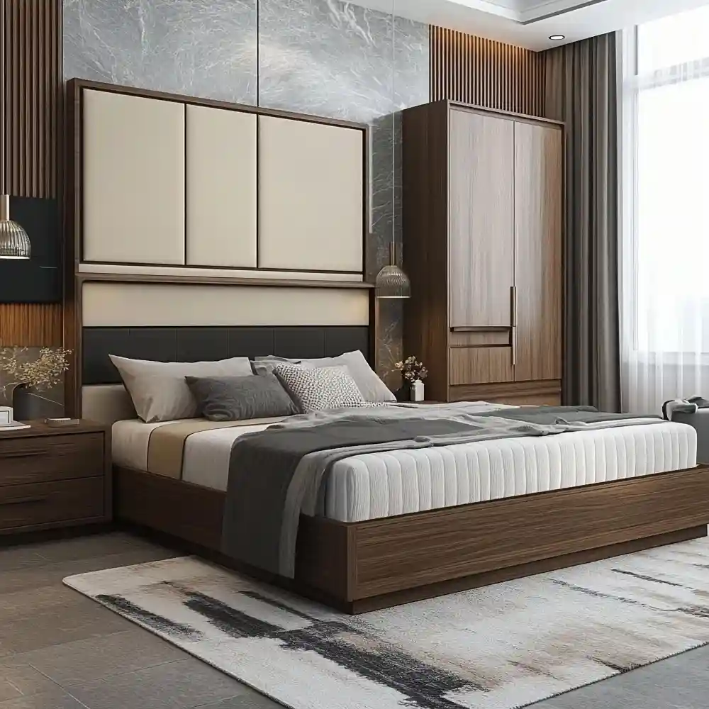 Walnut and espresso wood bed frame and nightstand with visible grain in a calm masculine bedroom
