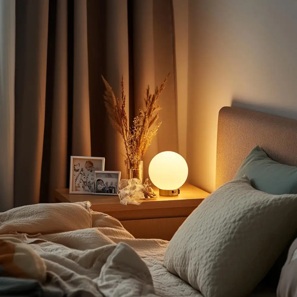 Warm 2700K bedside lamp on a styled nightstand with stacked books and a ceramic object beside a layered bed