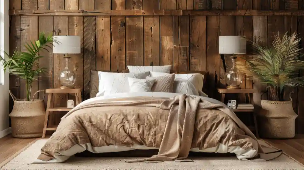 Luxurious cozy farmhouse bedroom with warm cream walls, oak bed, layered linen bedding, and soft lamp light