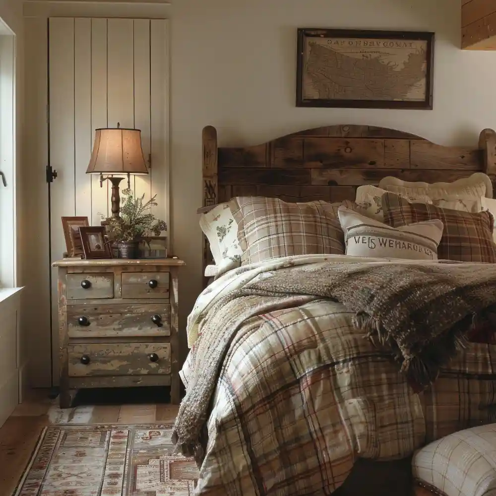 Warm farmhouse bedroom with cream linen, honey oak bed, terracotta accents, and a chunky knit throw