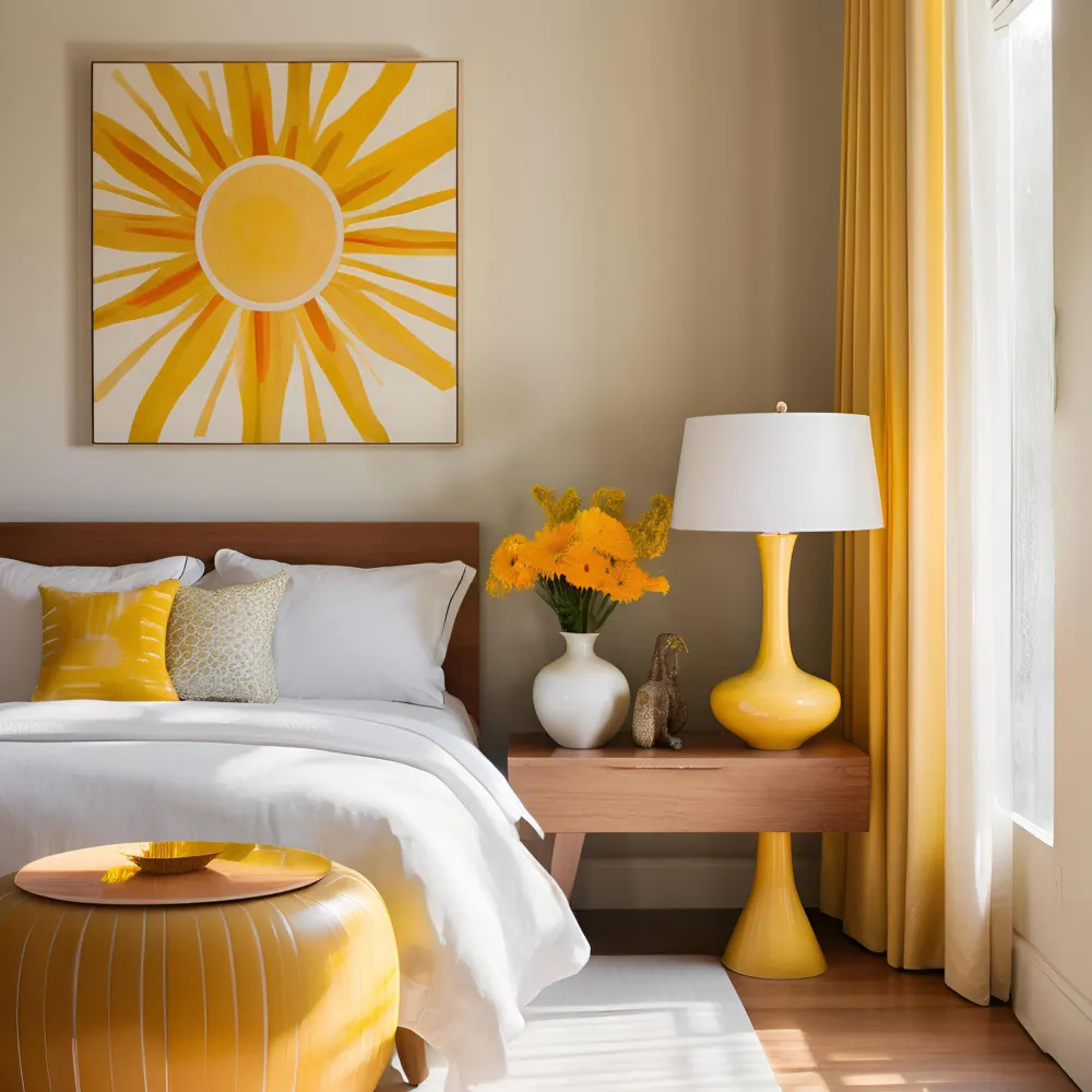 Bedroom with warm greige walls, oak wood nightstand, and warm 2700K lamp creating a settled cozy atmosphere