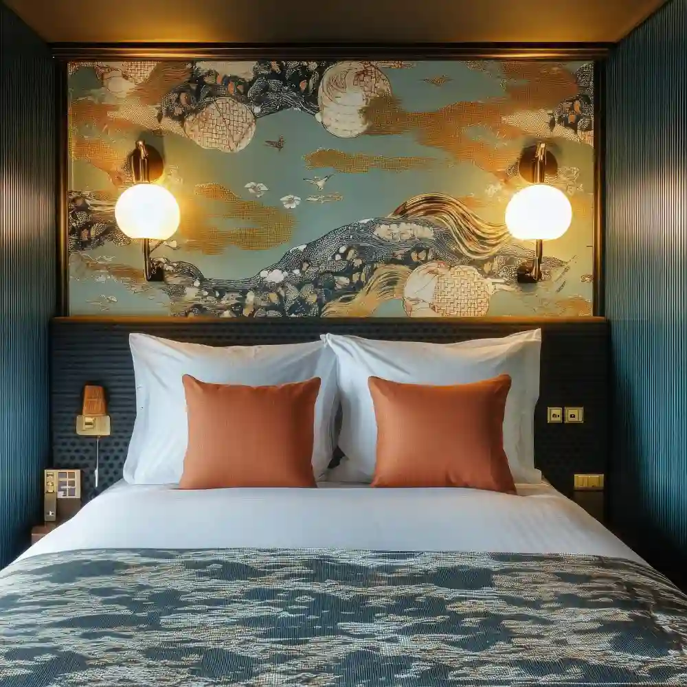 Bedroom with warm 2700K layered lighting from bedside lamps and a soft accent glow behind the headboard