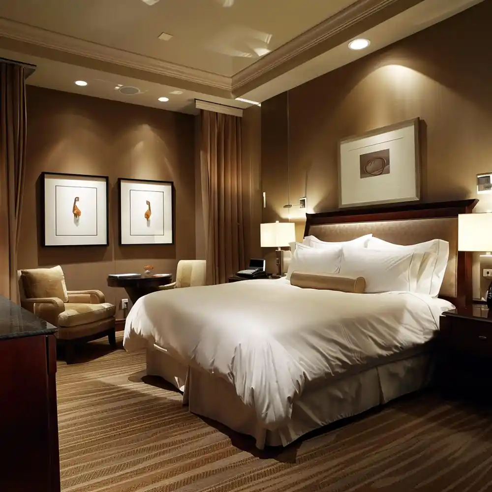 Bedroom with three warm light sources including nightstand lamps and a corner floor lamp at 2700K