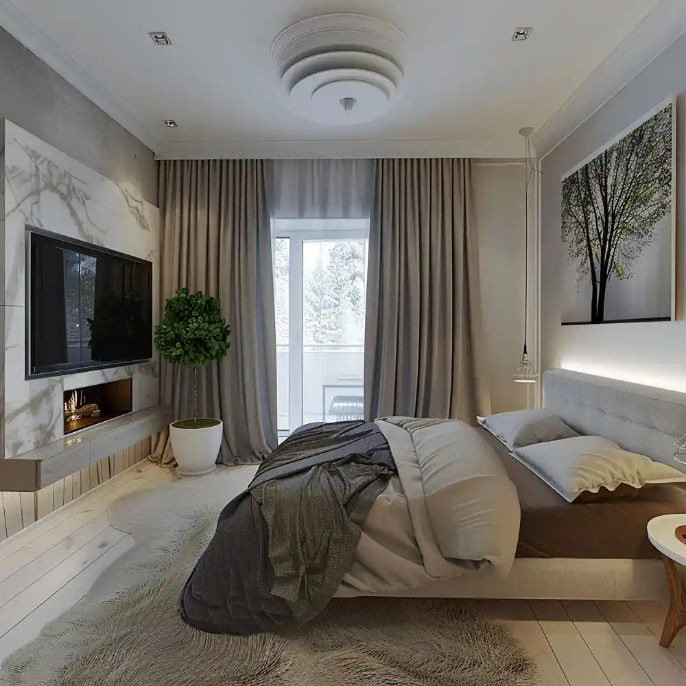 Floor-length cream linen curtains hung near the ceiling beside a warm cozy bed