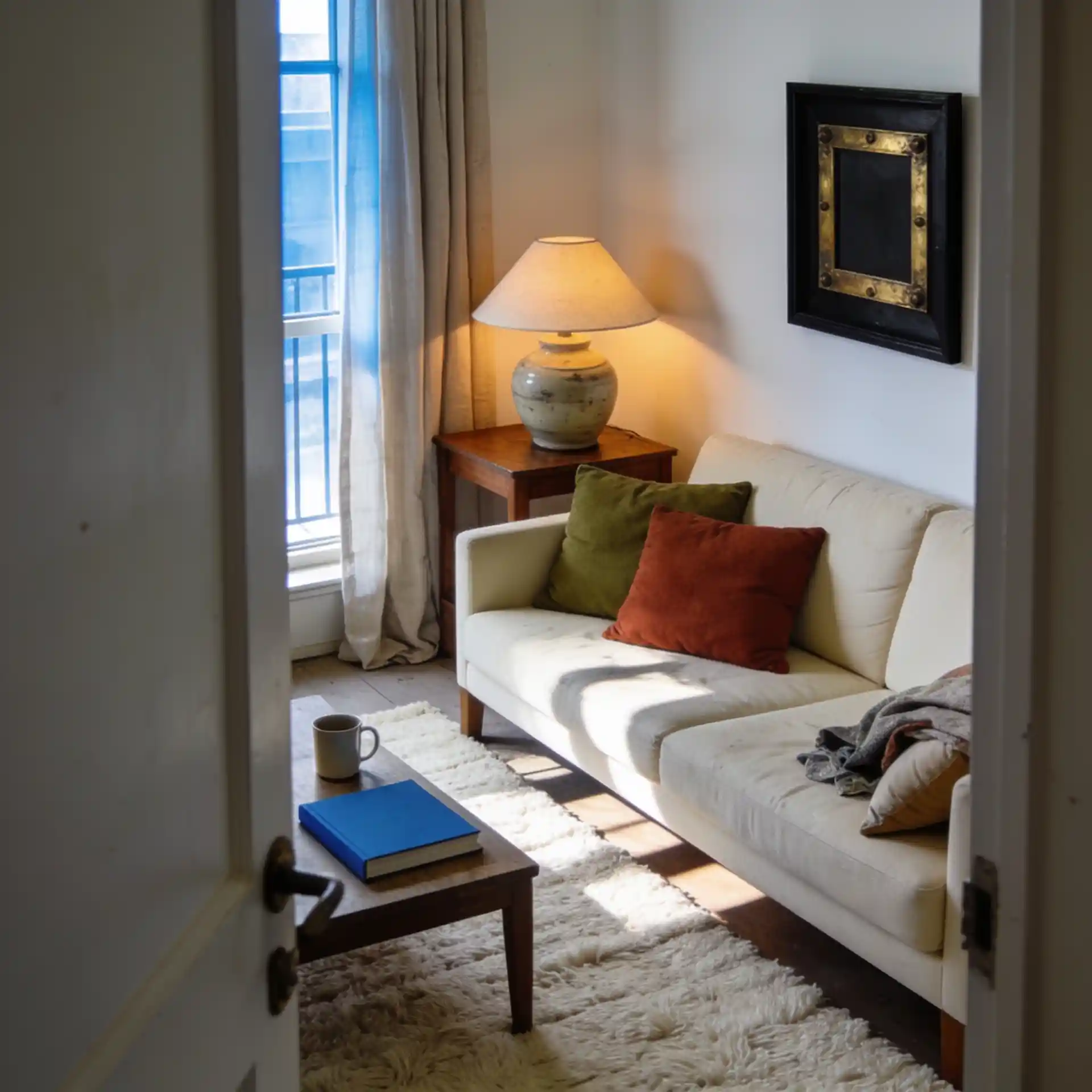 Warm living room lighting with floor lamp, table lamp, brass sconce, and soft evening shadows