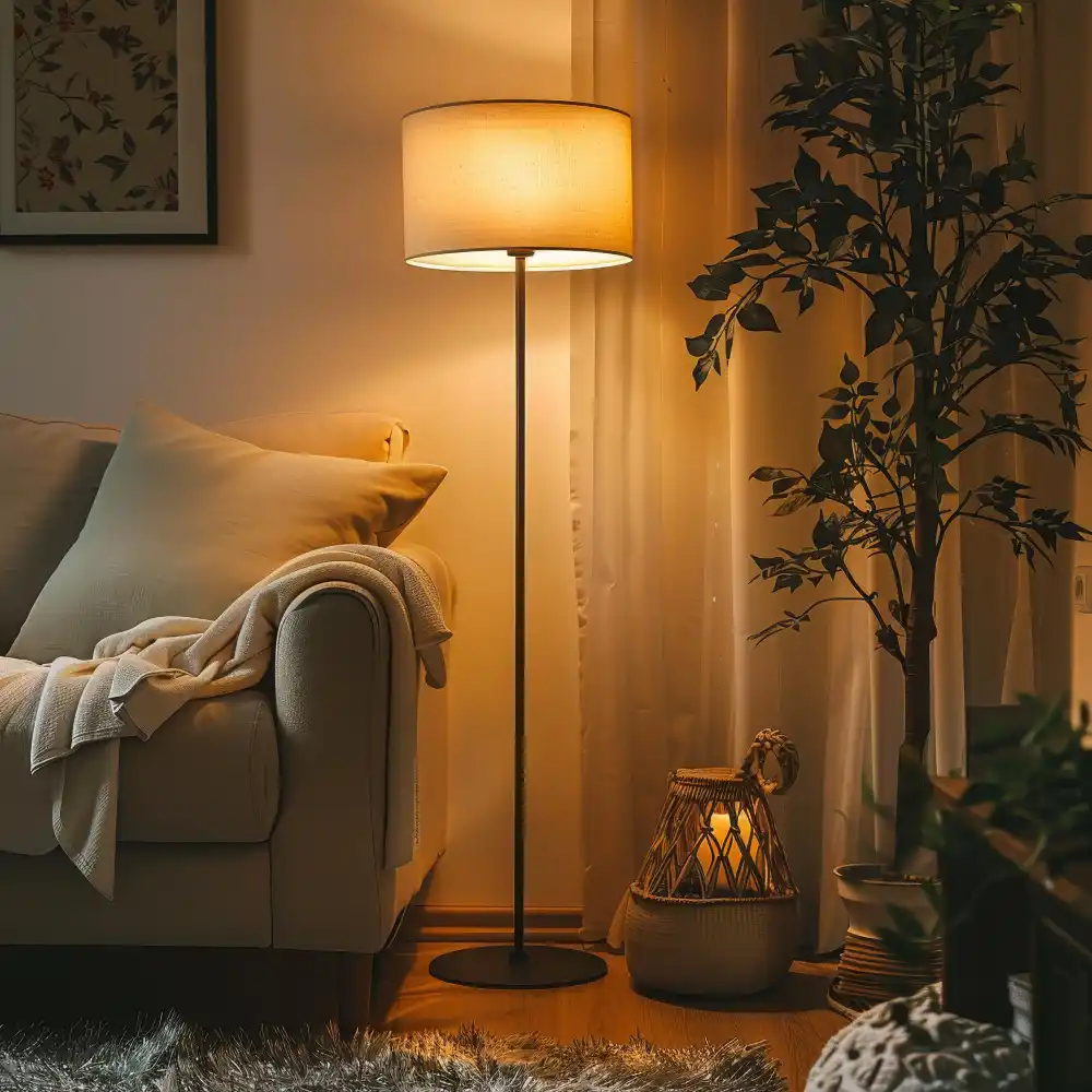 Bedroom showing warm greige walls, layered bedding, wood furniture, and glowing 2700K lamps working together