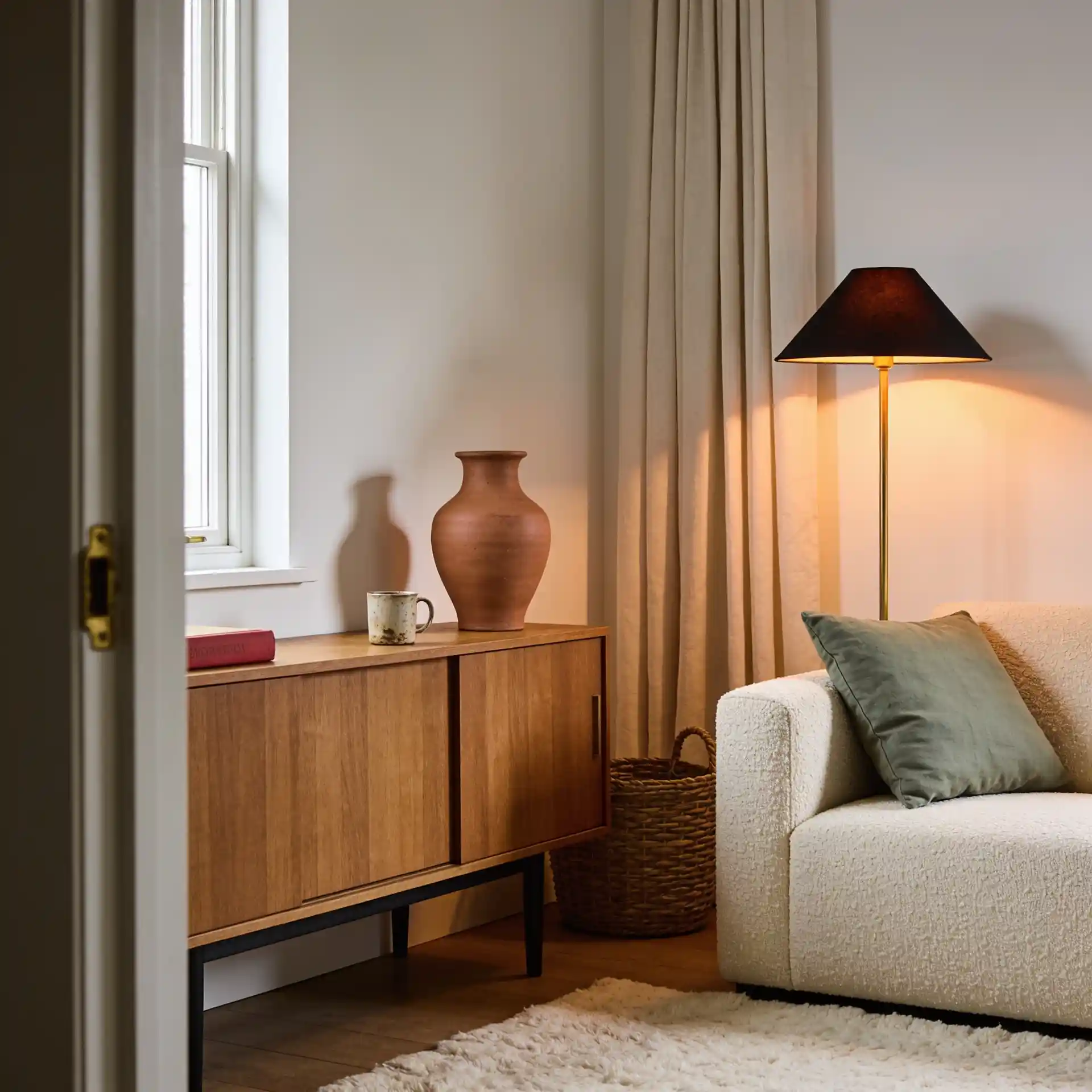 Warm neutral living room with oak furniture, cream boucle sofa, sage pillows, and ceramic table lamp