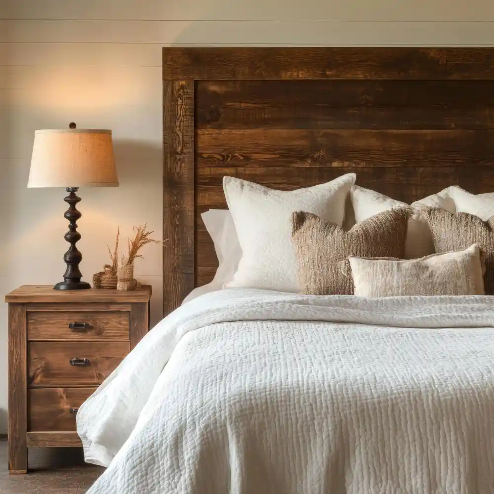 Beige bedroom anchored with a warm oak nightstand and a cane headboard for natural wood tone