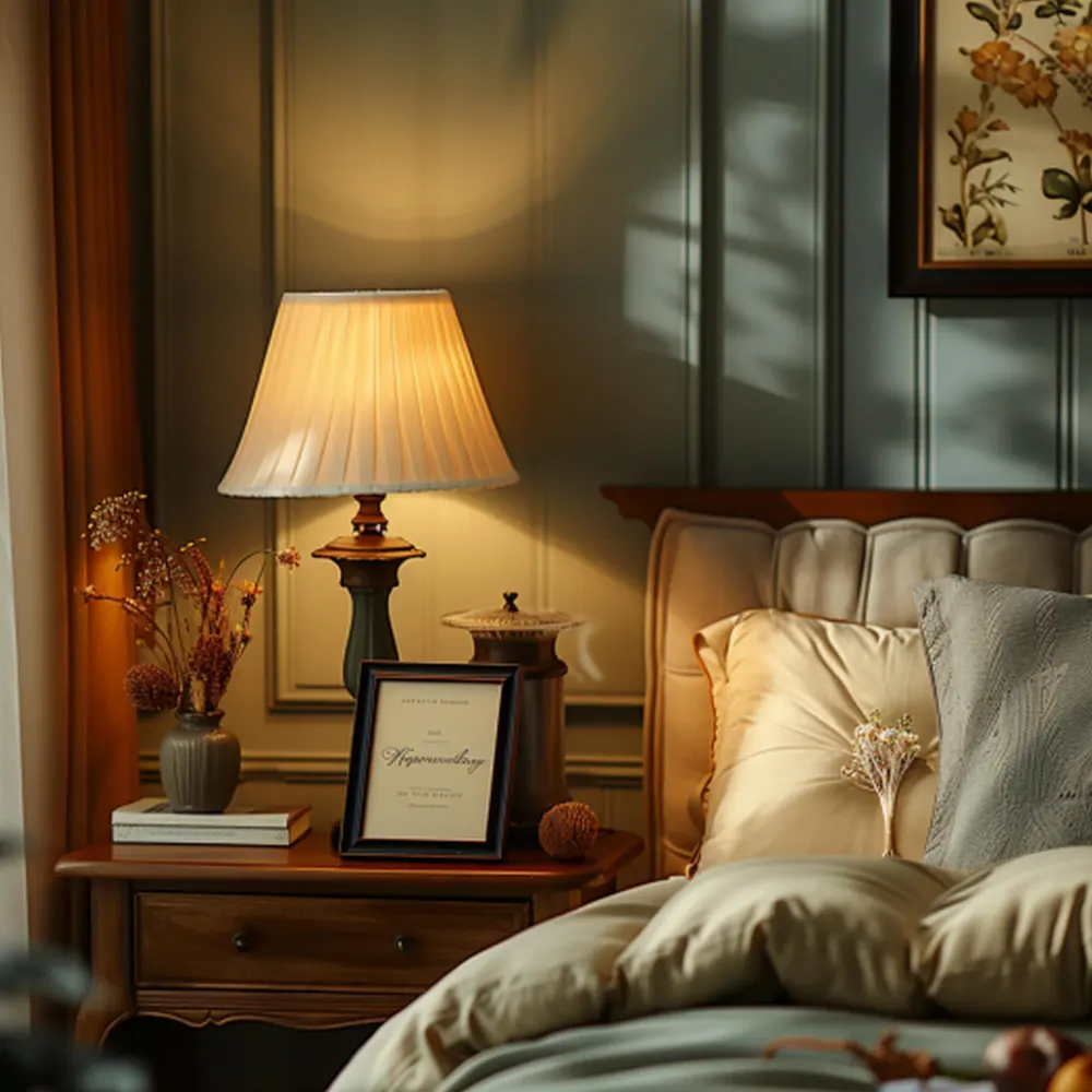 Styled oak nightstand with a small warm lamp, stacked books, ceramic dish, and trailing greenery