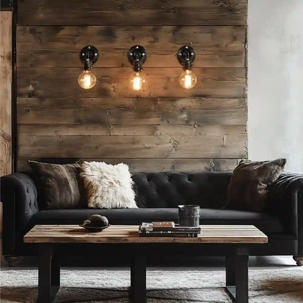Reclaimed wood coffee table beside a leather accent chair in a western farmhouse living room with warm lighting