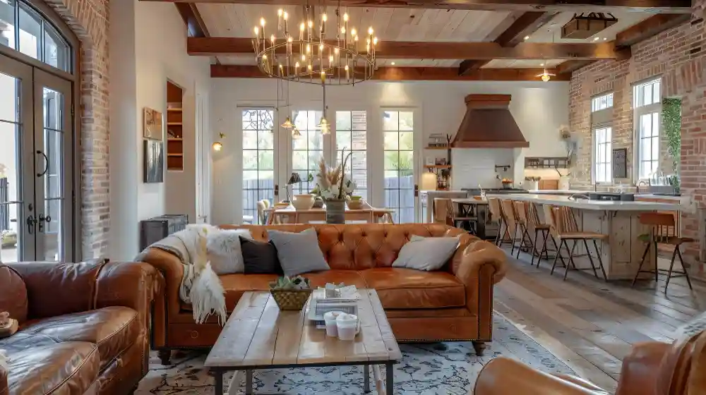 Western farmhouse living room with cognac leather sofa, cowhide rug, and wrought iron chandelier overhead