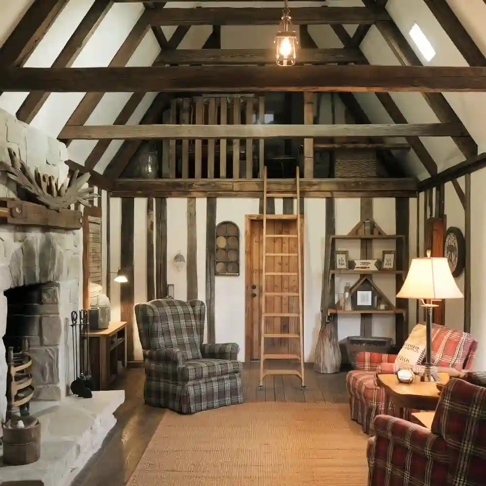 Side-by-side comparison of overdone western decor versus a restrained western farmhouse living room using leather and iron