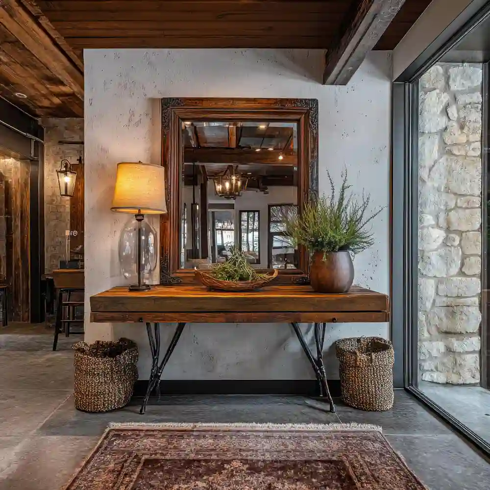 Dark walnut sideboard styled with stoneware ceramics and a tall lamp in a western farmhouse living room