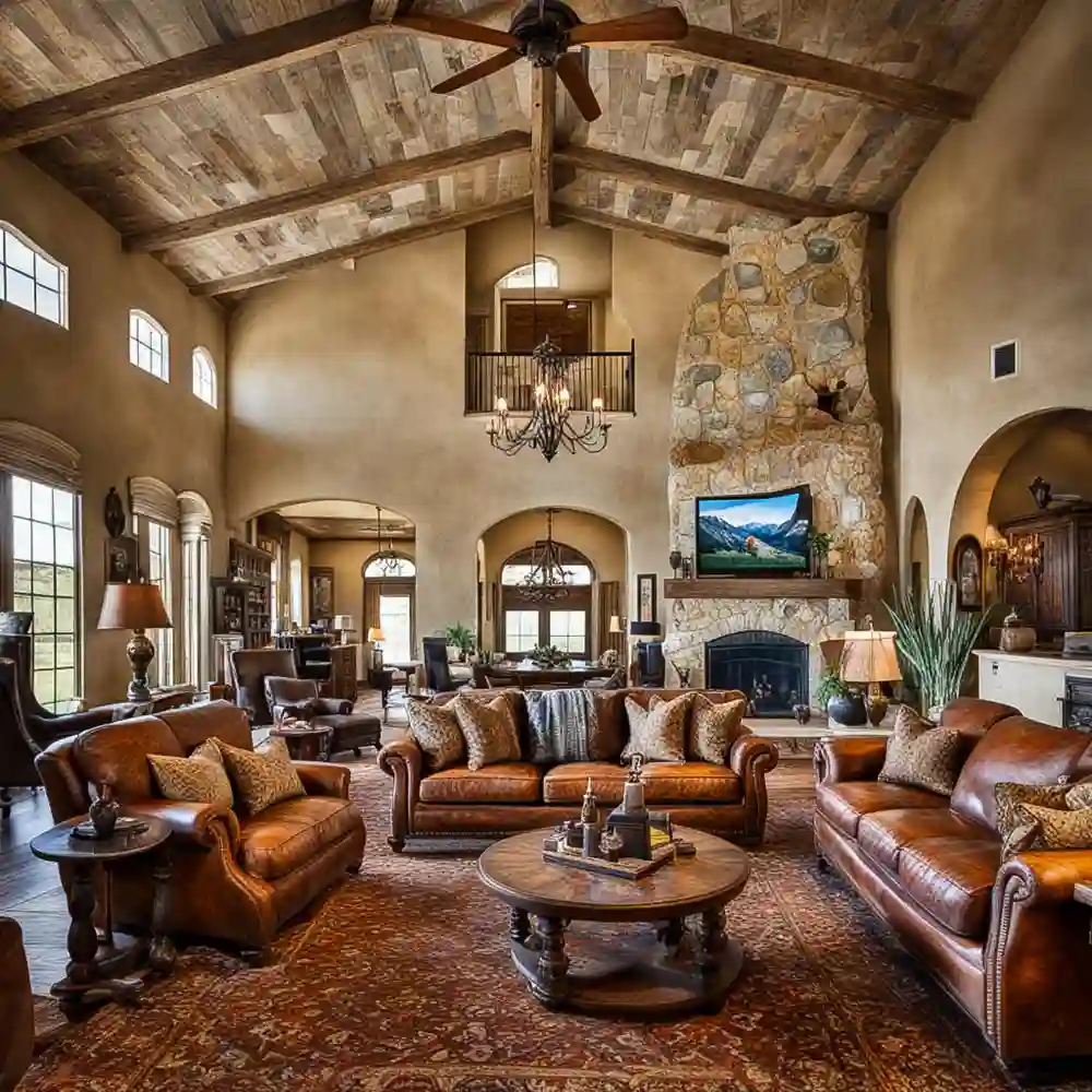 Close-up of cognac leather sofa with kilim pillows above a layered cowhide and jute rug in a western farmhouse room