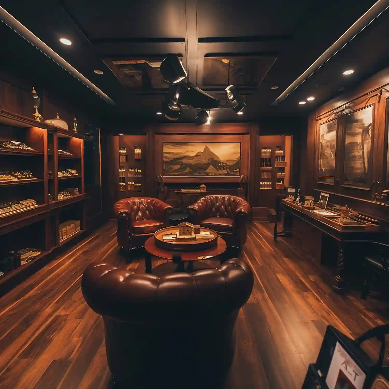 Whiskey and cigar man cave lounge with dark walnut shelving holding whiskey bottles, cognac leather club chair, and low 2700K lamp