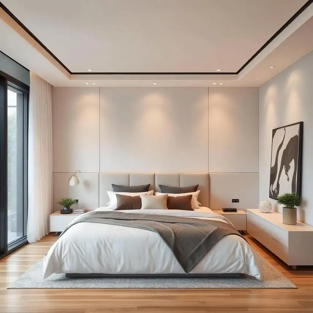 Small white bedroom with walls, trim, and ceiling all painted the same warm white for a seamless look
