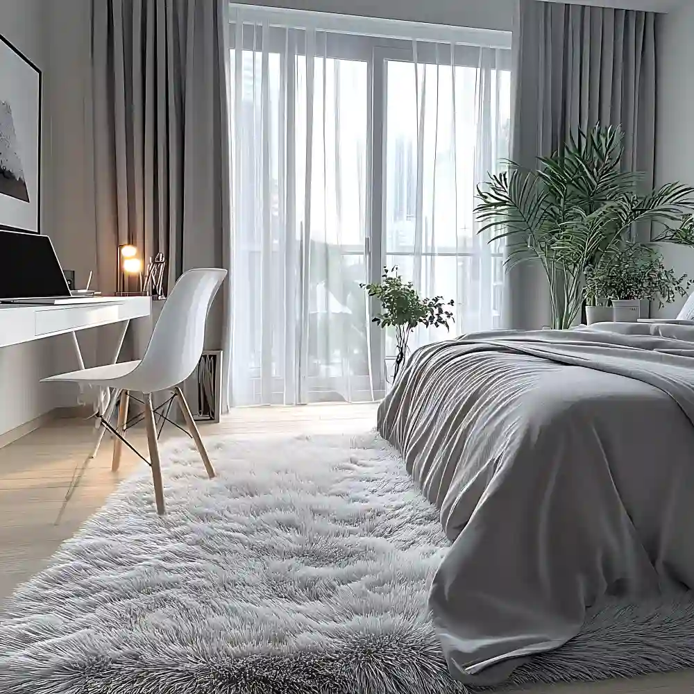 White bedroom with a large jute rug under the bed extending past each side for warmth underfoot