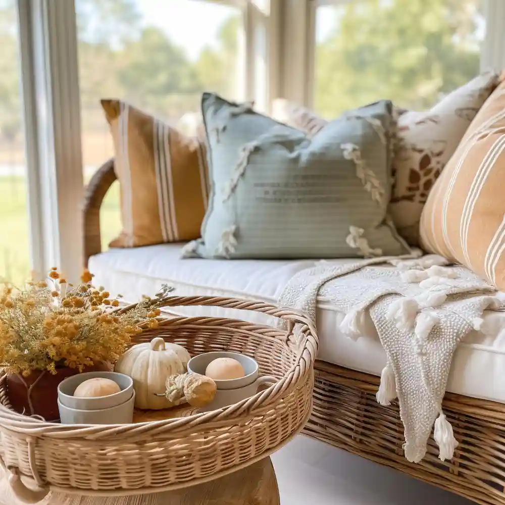 White bedroom ideas with layered linen, wool throw, and woven jute basket adding tactile texture