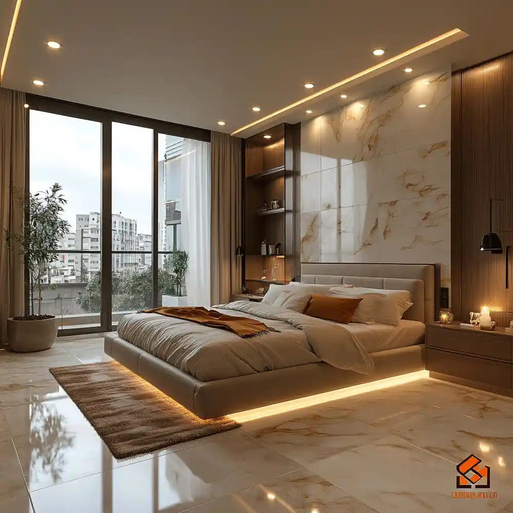 White bedroom at night with warm 2700K bedside lamps and a soft golden glow on the walls
