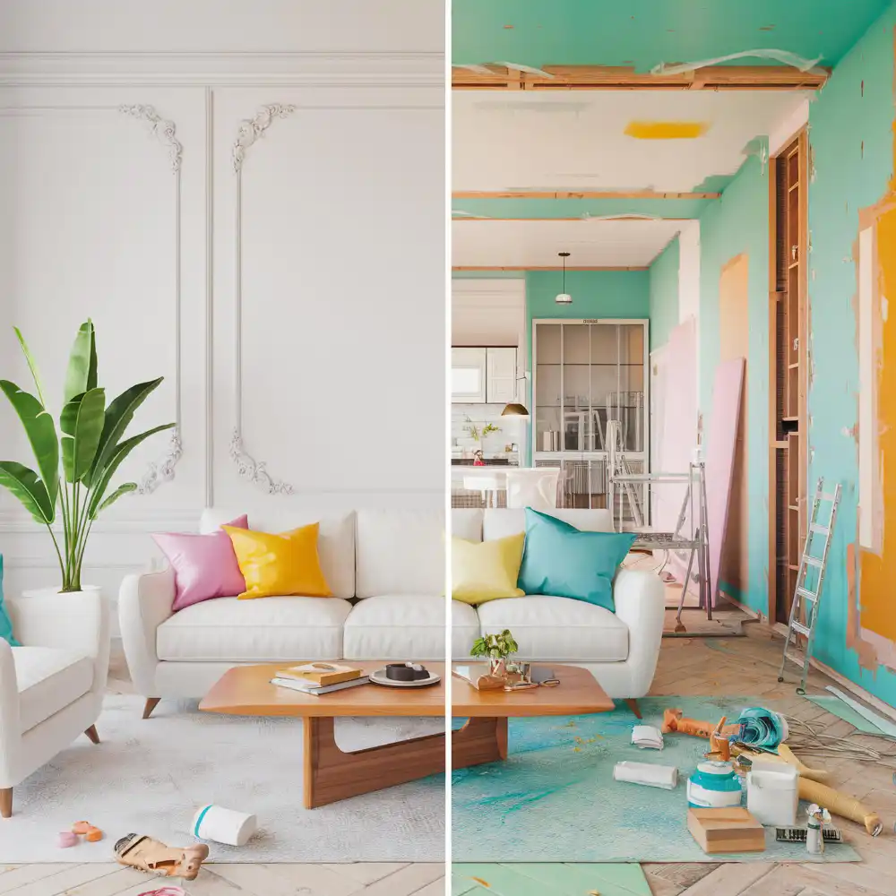 Side-by-side wall swatches comparing a warm white with soft yellow undertones against a cool white with blue undertones in daylight