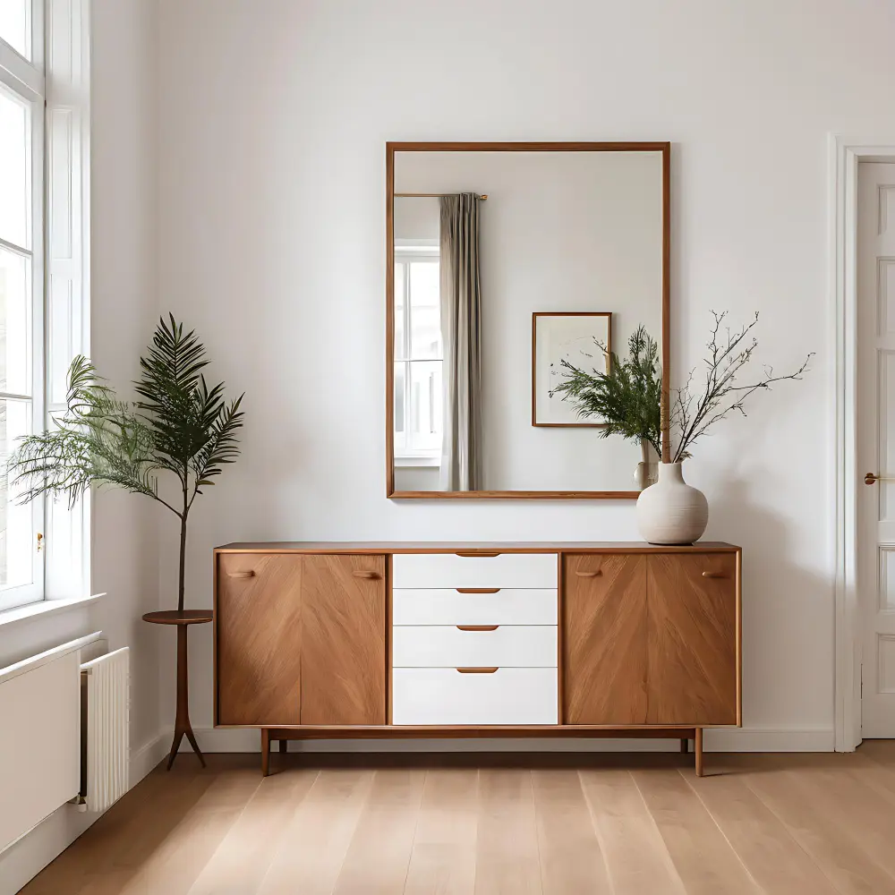 White bedroom with warm oak nightstand, walnut bench, and wood-framed mirror grounding the white