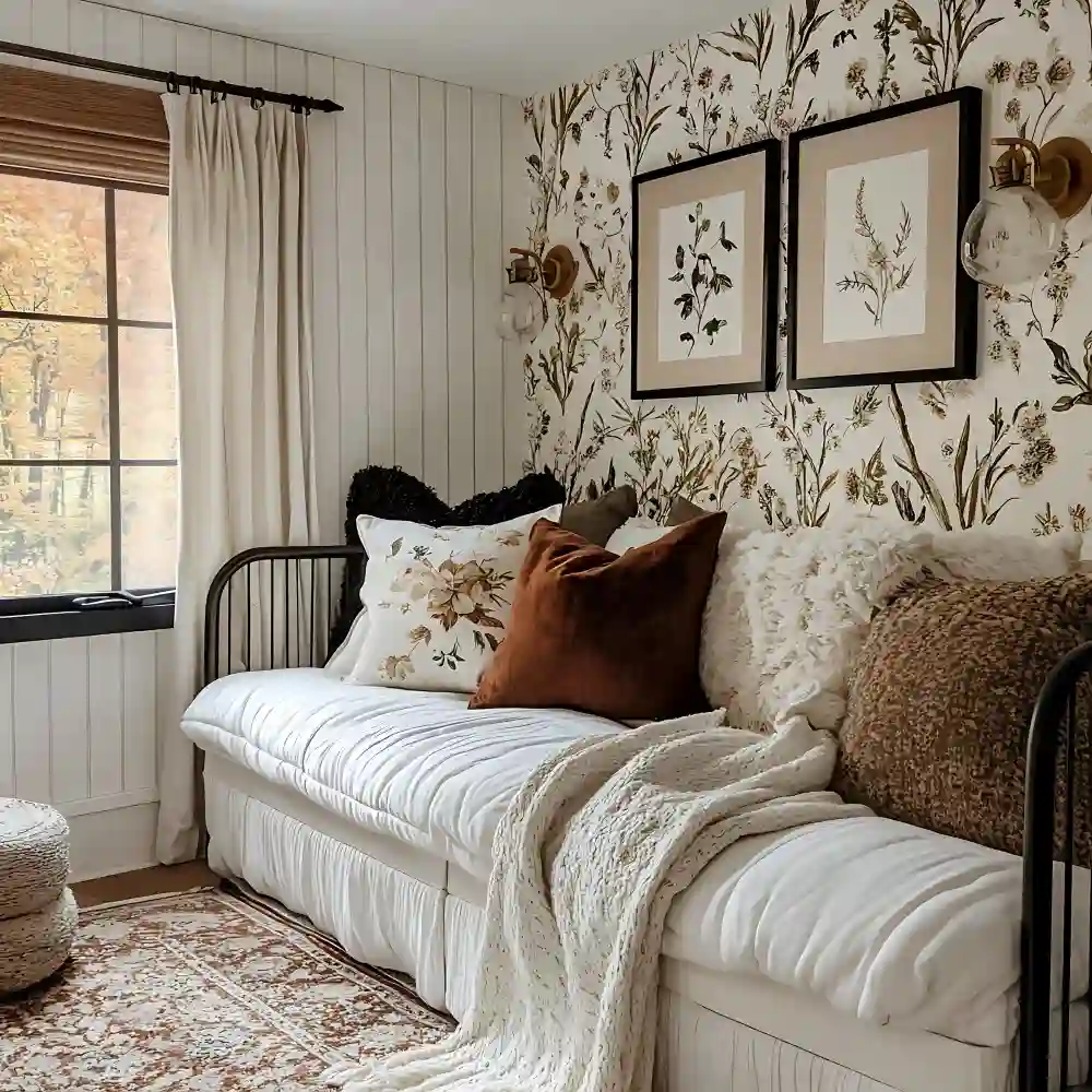 White bedroom mixing warm white walls, cream duvet, and off-white boucle bench for layered depth