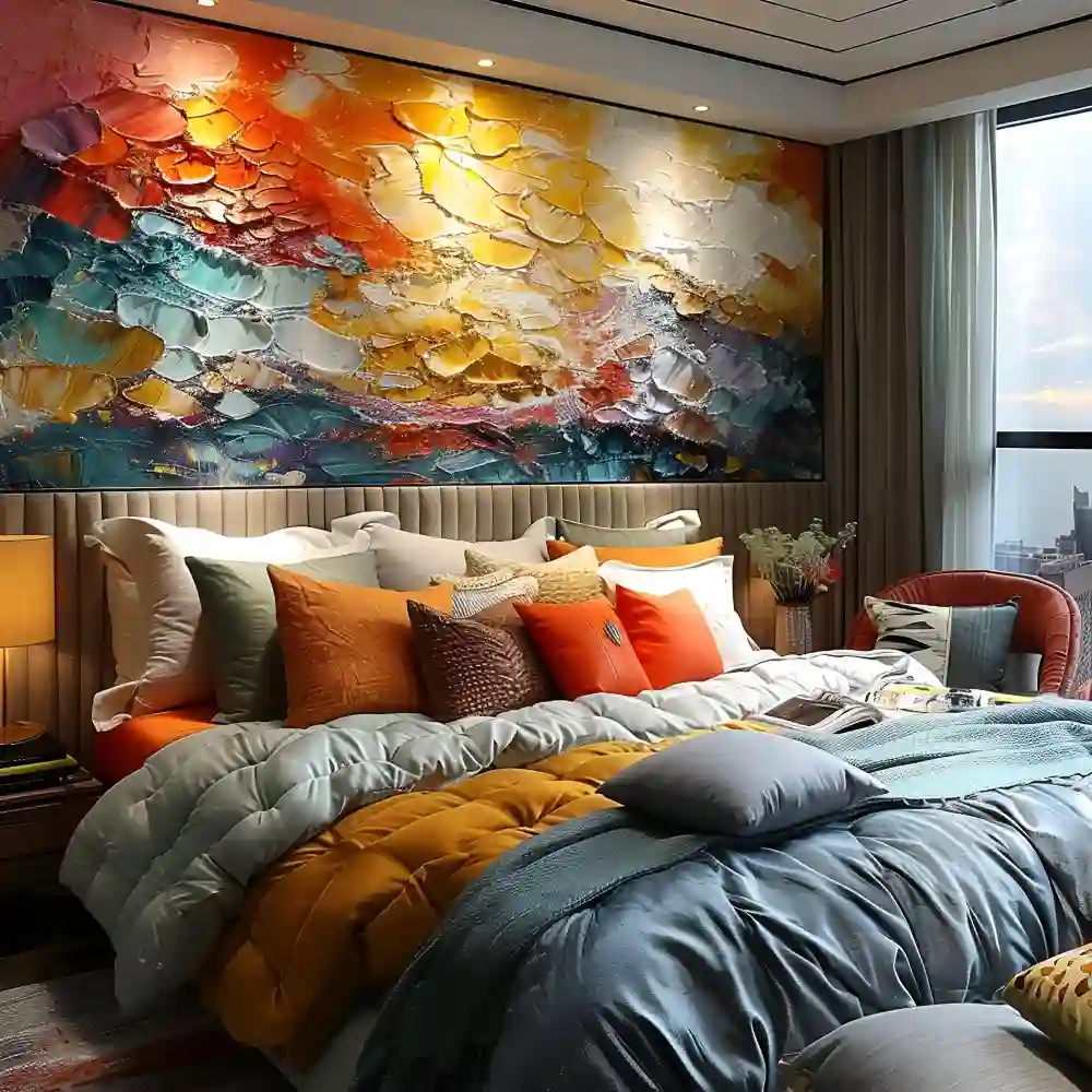 Bedroom planning scene with a mood board, paint swatches, and a tape measure on a bed
