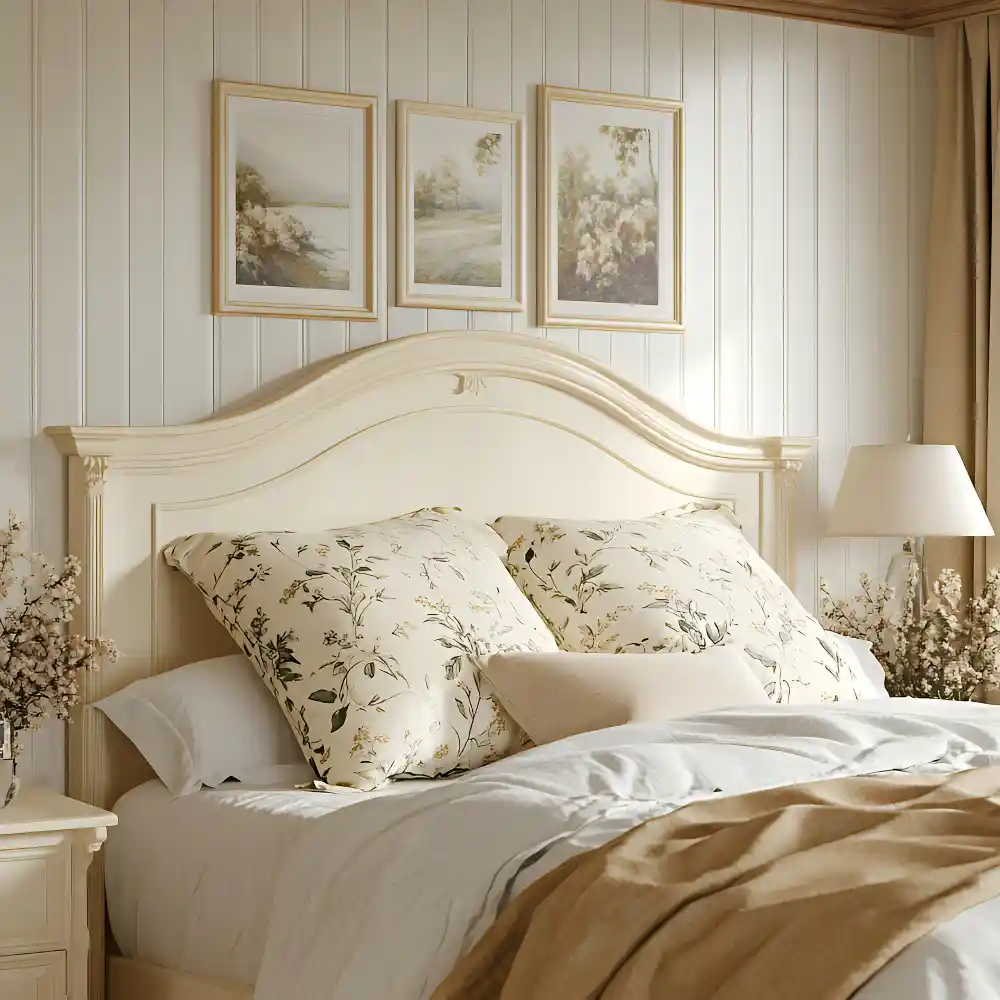 Cream boucle wingback headboard with soft side panels and bedside lamps in a cozy bedroom