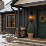 Dark charcoal cabin exterior at dusk with glowing amber lanterns, pine wreath on front door, and birch log vignette