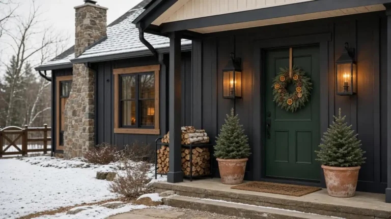 Dark charcoal cabin exterior at dusk with glowing amber lanterns, pine wreath on front door, and birch log vignette