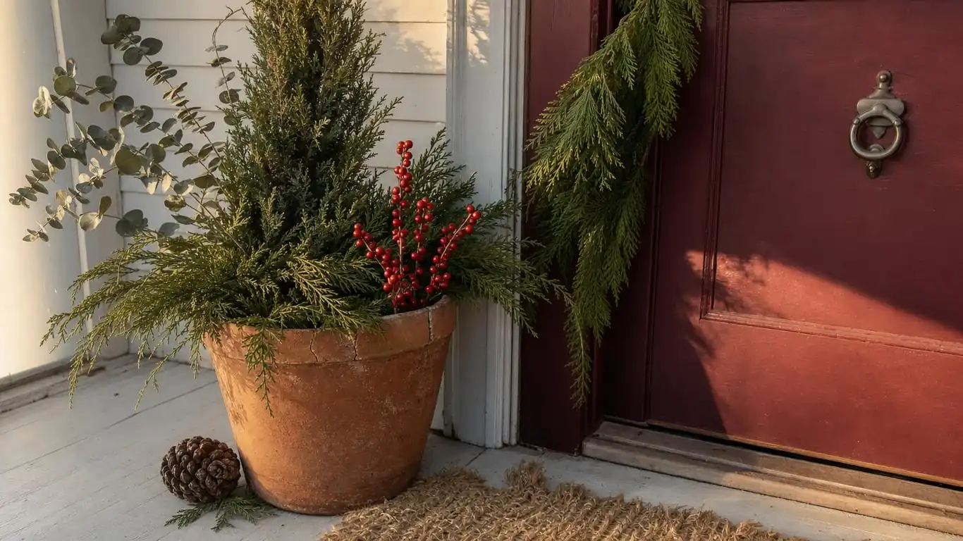 Front door entry with two large cedar and juniper planters, winterberry holly, and fresh garland on porch railing