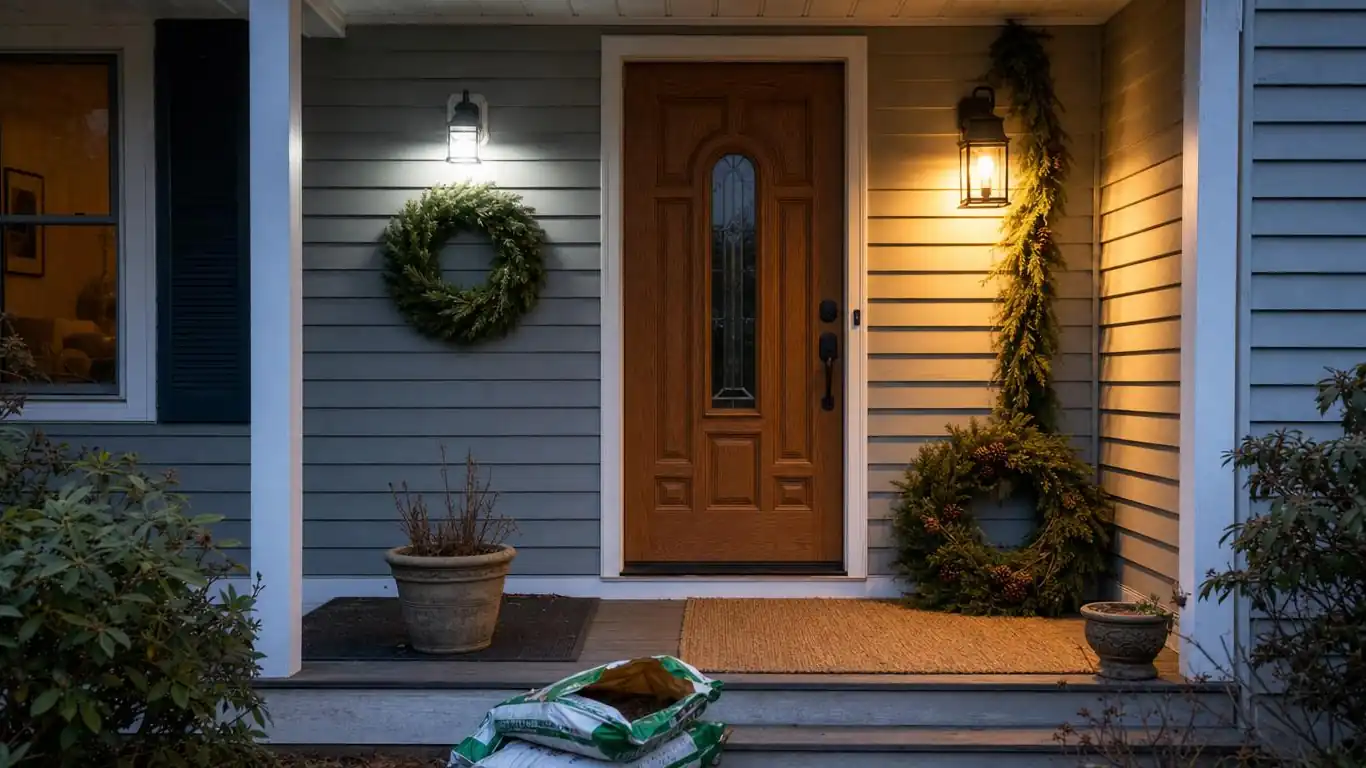 Winter porch before and after showing undersized wreath and cool bulb replaced with warm lighting and fresh cedar