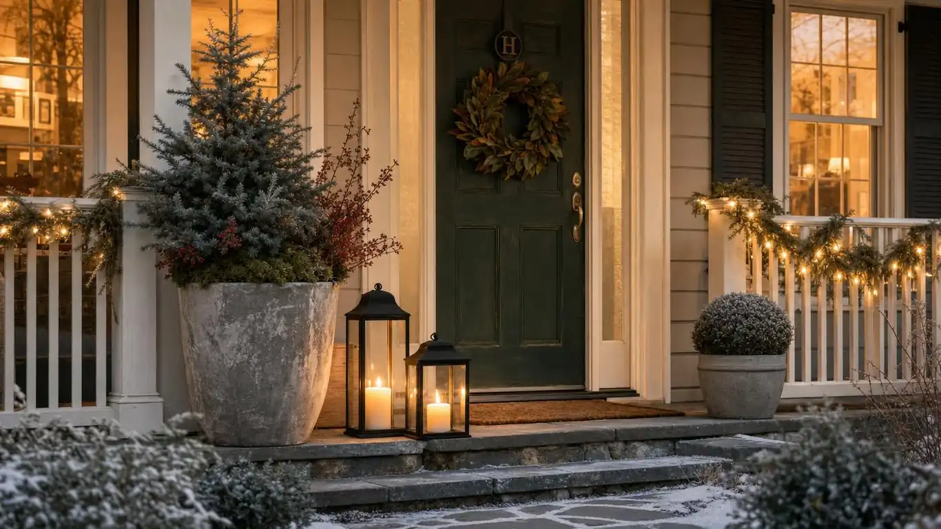 Cozy winter front porch with pine garland, oversized lanterns, and evergreen planter at dusk