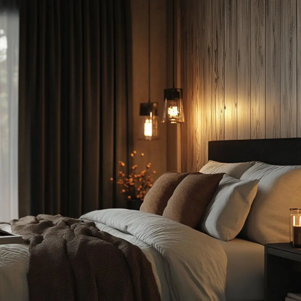 Bedside table lamp emitting warm 2700K amber light beside linen bedding and a wood nightstand in a winter bedroom
