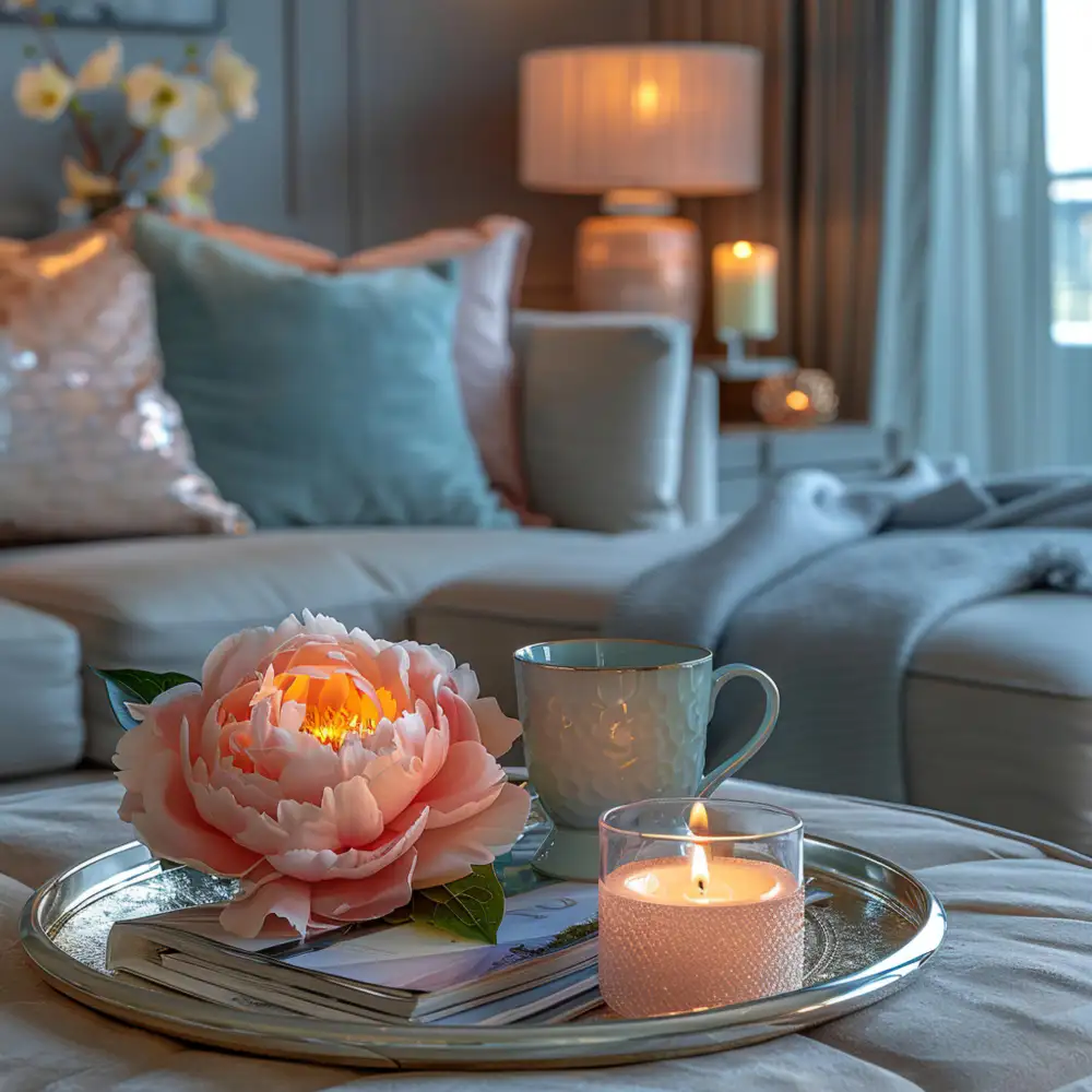 Three white pillar candles on a ceramic tray and a glass hurricane lantern beside stacked books on a nightstand