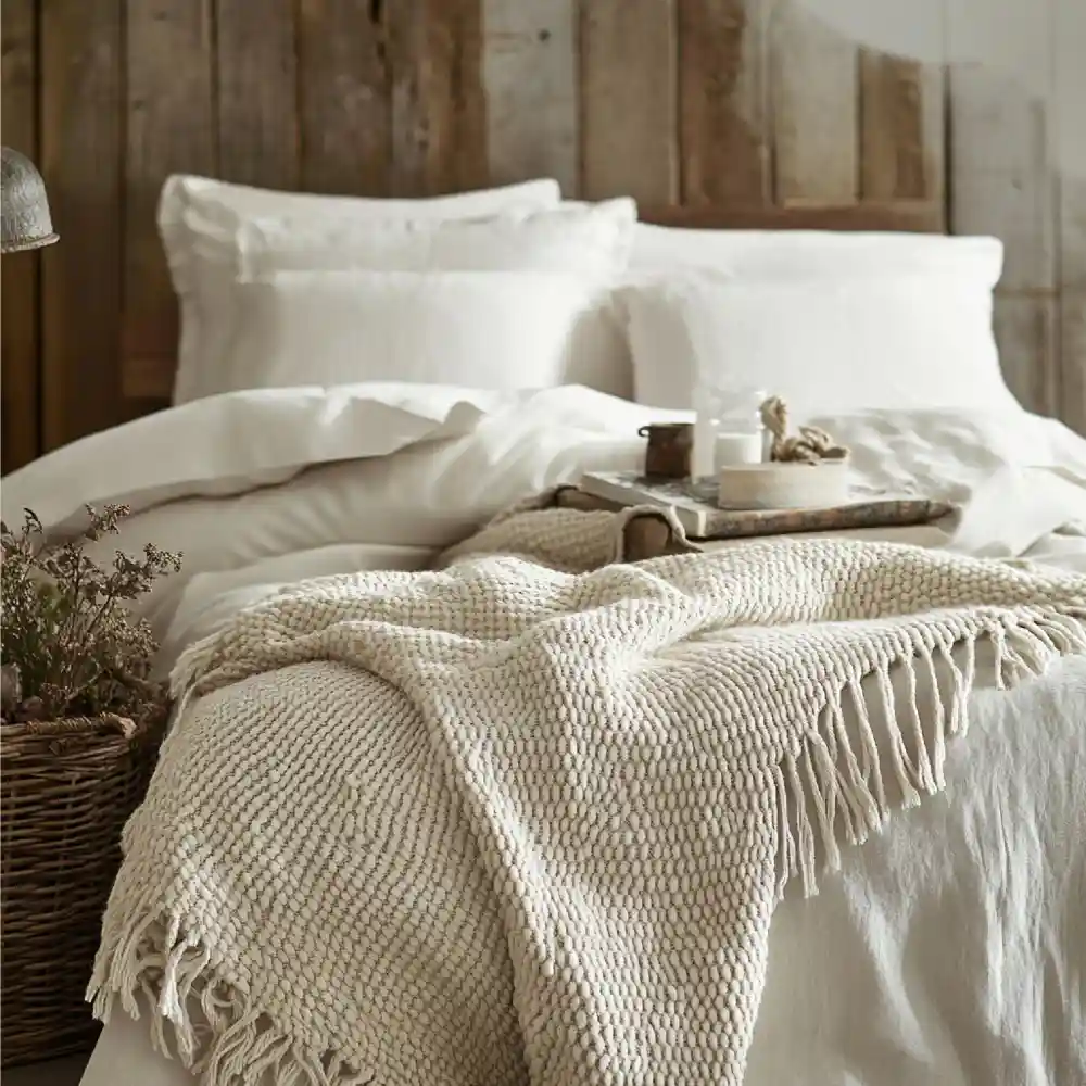 Chunky knit wool throw draped loosely at the corner of a bed with an ivory linen duvet and layered oatmeal pillows