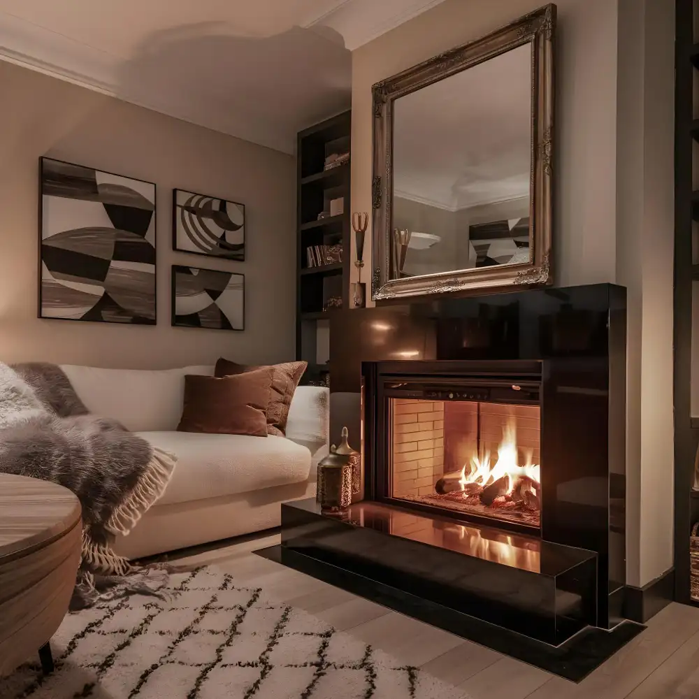 Bedroom with a wall-mounted electric fireplace focal point and a floating oak shelf above holding ceramics and a candle