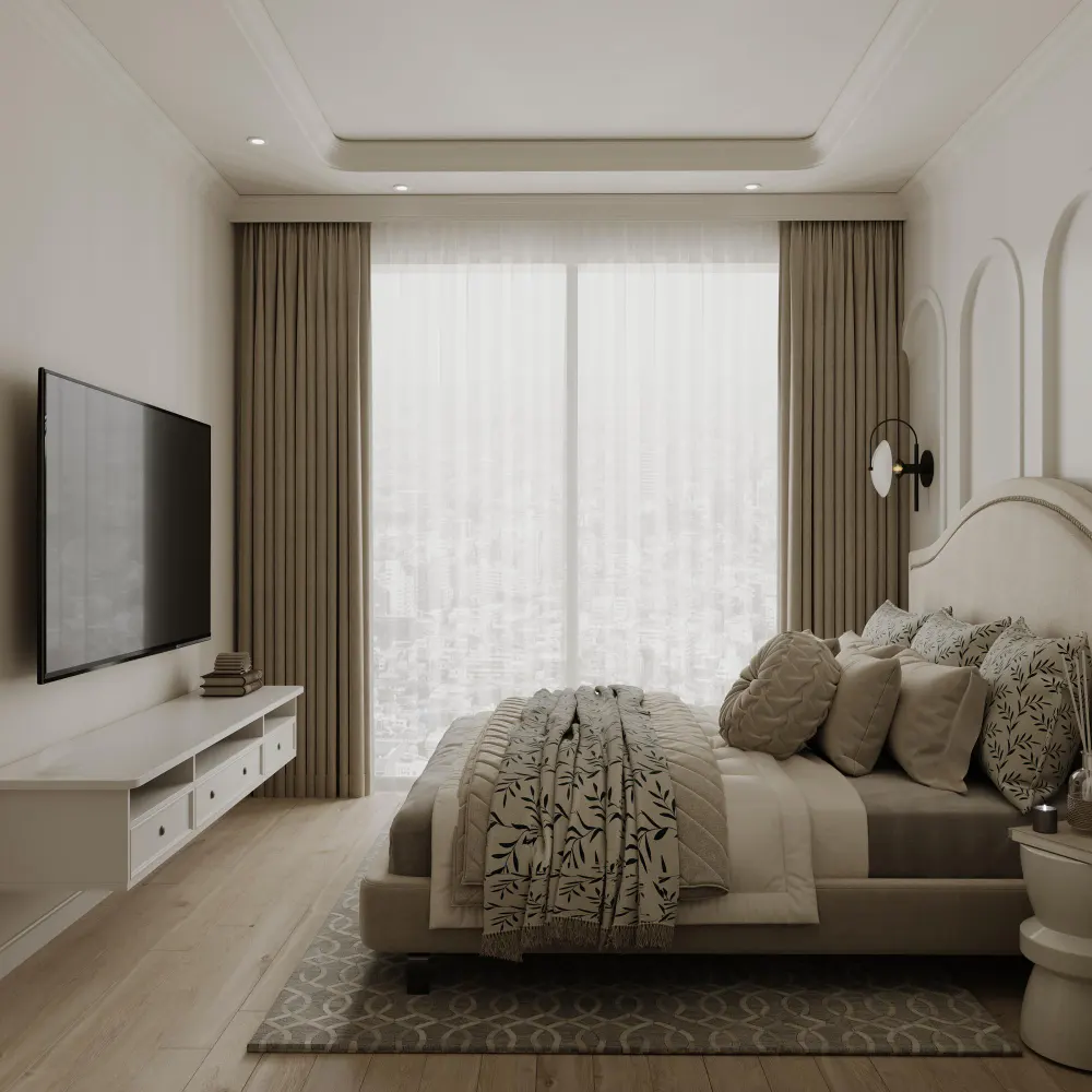 Floor-to-ceiling cream linen curtains in a bedroom with the rod mounted high above the window for a sheltered, tall look