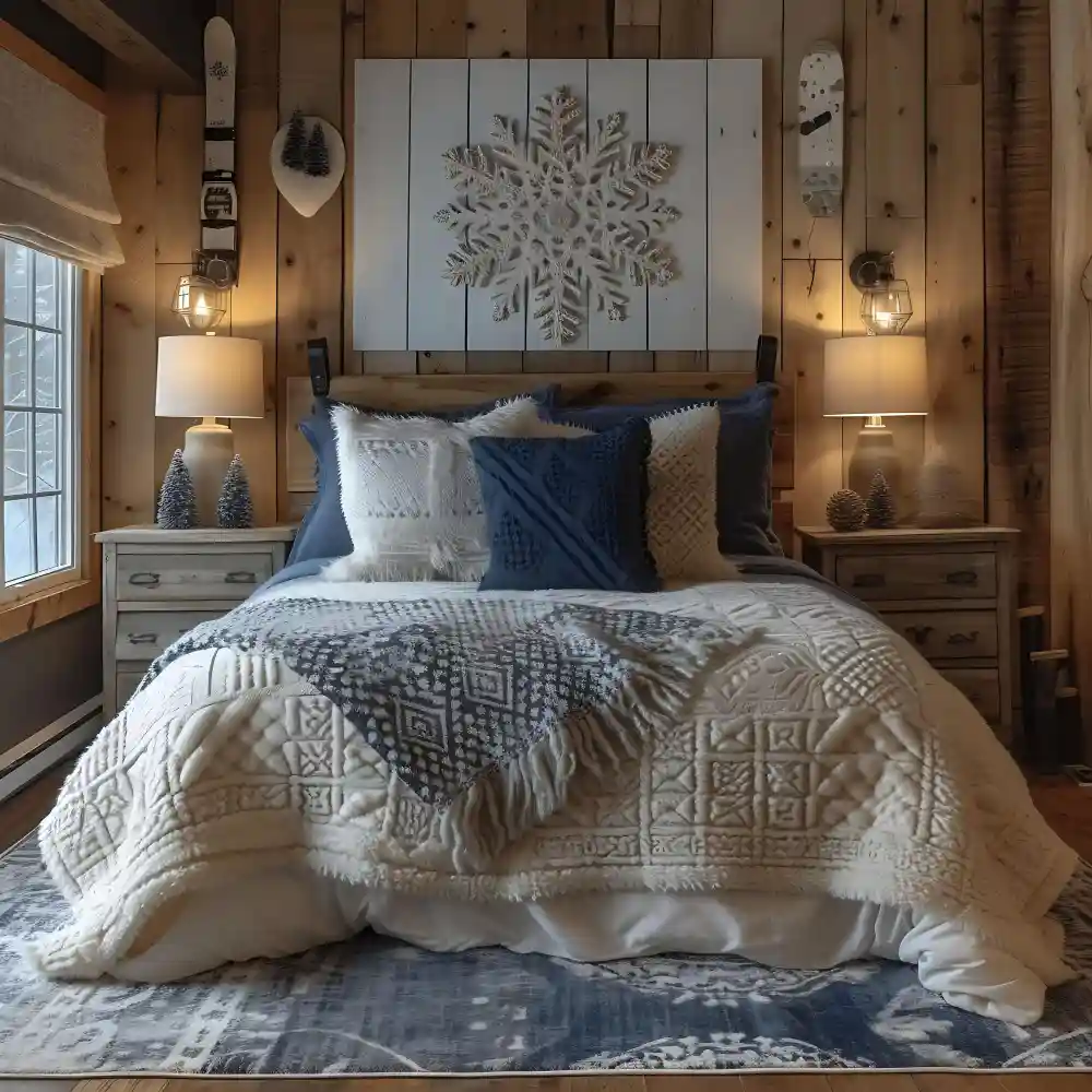 Oatmeal deep-pile wool rug under a queen bed with 18 inches of rug visible on each side in a neutral winter bedroom