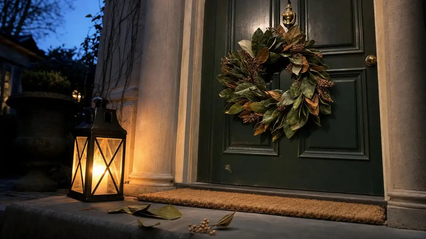 Front door entry with matte black lanterns, magnolia wreath, and warm string lights on a winter evening