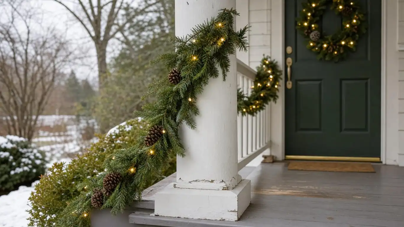 Winter front porch seating area with layered charcoal plaid outdoor rug and wood bench