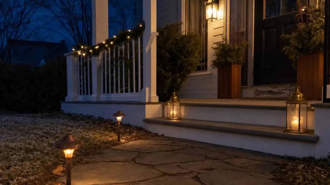 Layered winter porch lighting with warm amber porch lantern, path lanterns, and Edison string lights at dusk