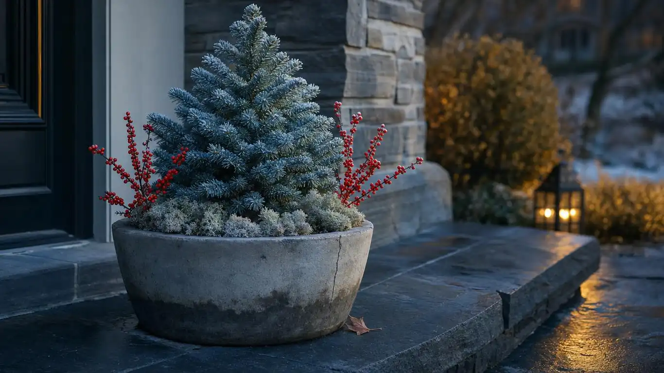 Frost-hardy ceramic planter with blue spruce and winterberry stems on a winter front porch step