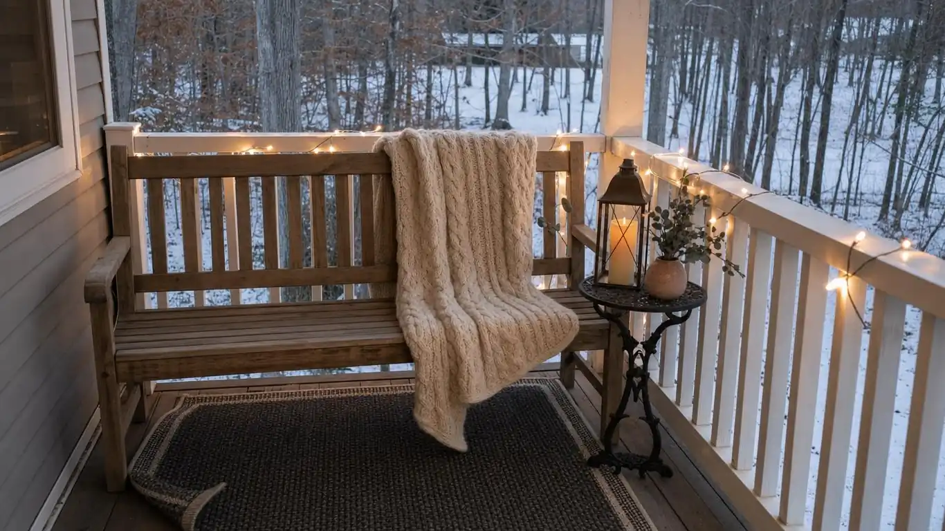 Rocking chair with cream chunky knit throw and ceramic eucalyptus stems on a covered winter porch