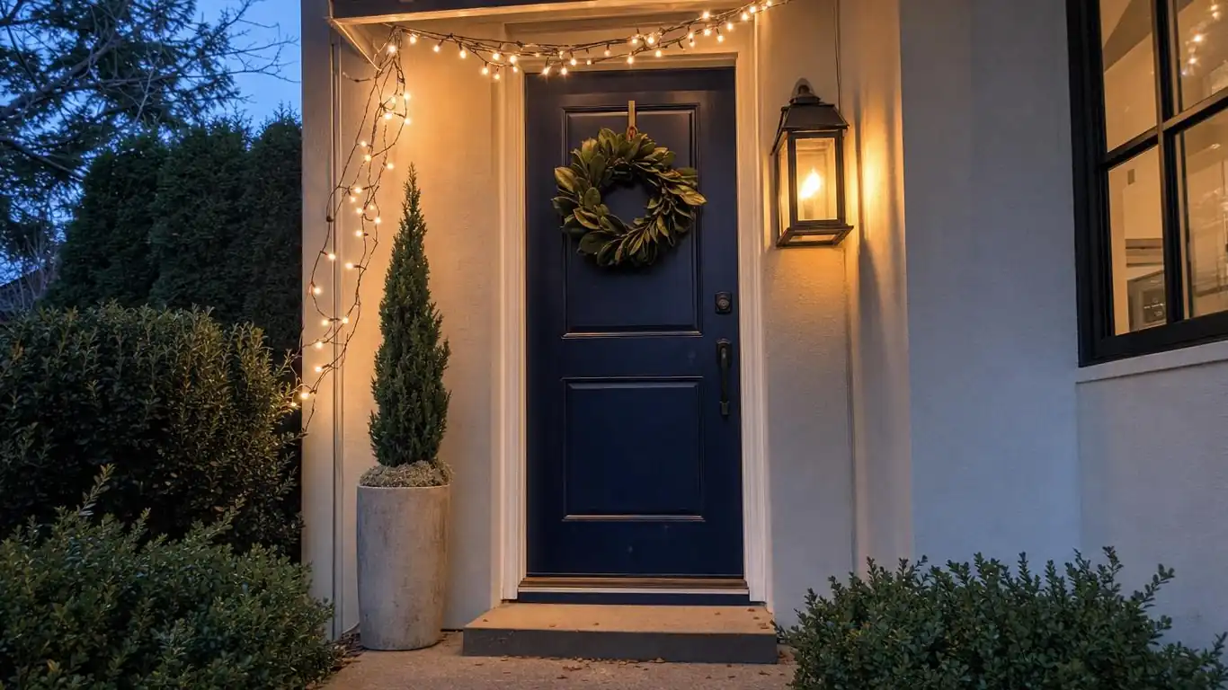 Narrow winter front porch entry styled with vertical evergreen planter, wreath, and string lights