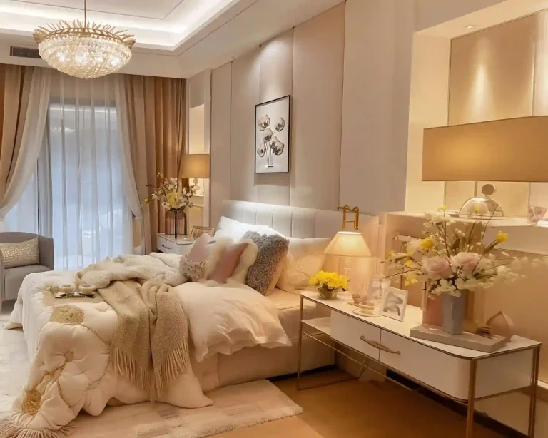 Layered women's bedroom with dusty rose velvet throw, cream linen bedding, and warm brass table lamp