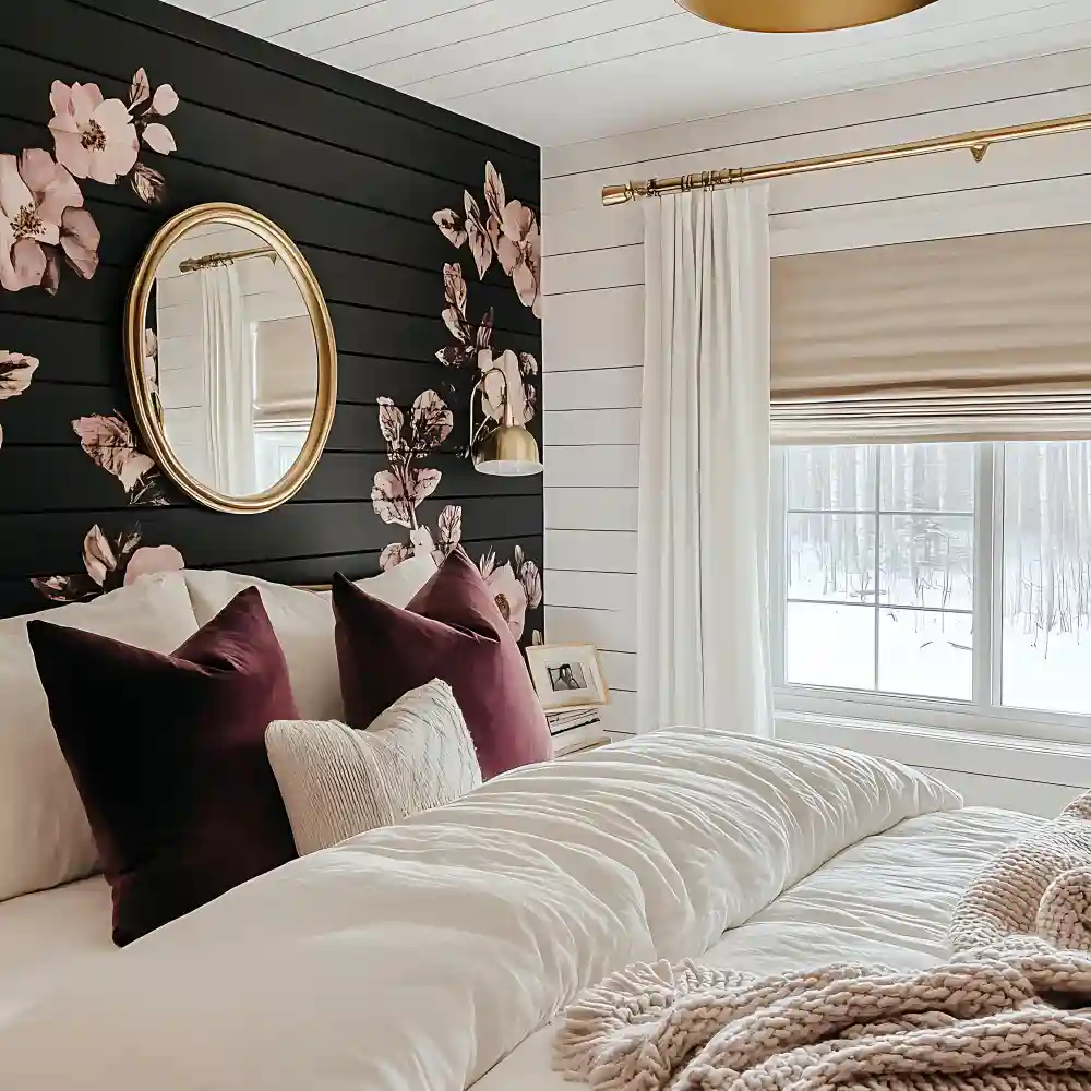 Styled women's bedroom interior with boucle headboard, sage green walls, and warm ambient lighting