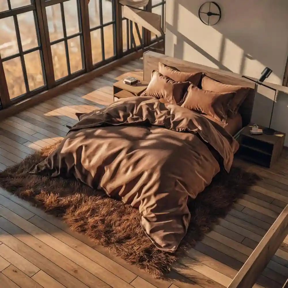 Wool jute rug placed under the lower two-thirds of a bed, framing a warm farmhouse bedroom floor