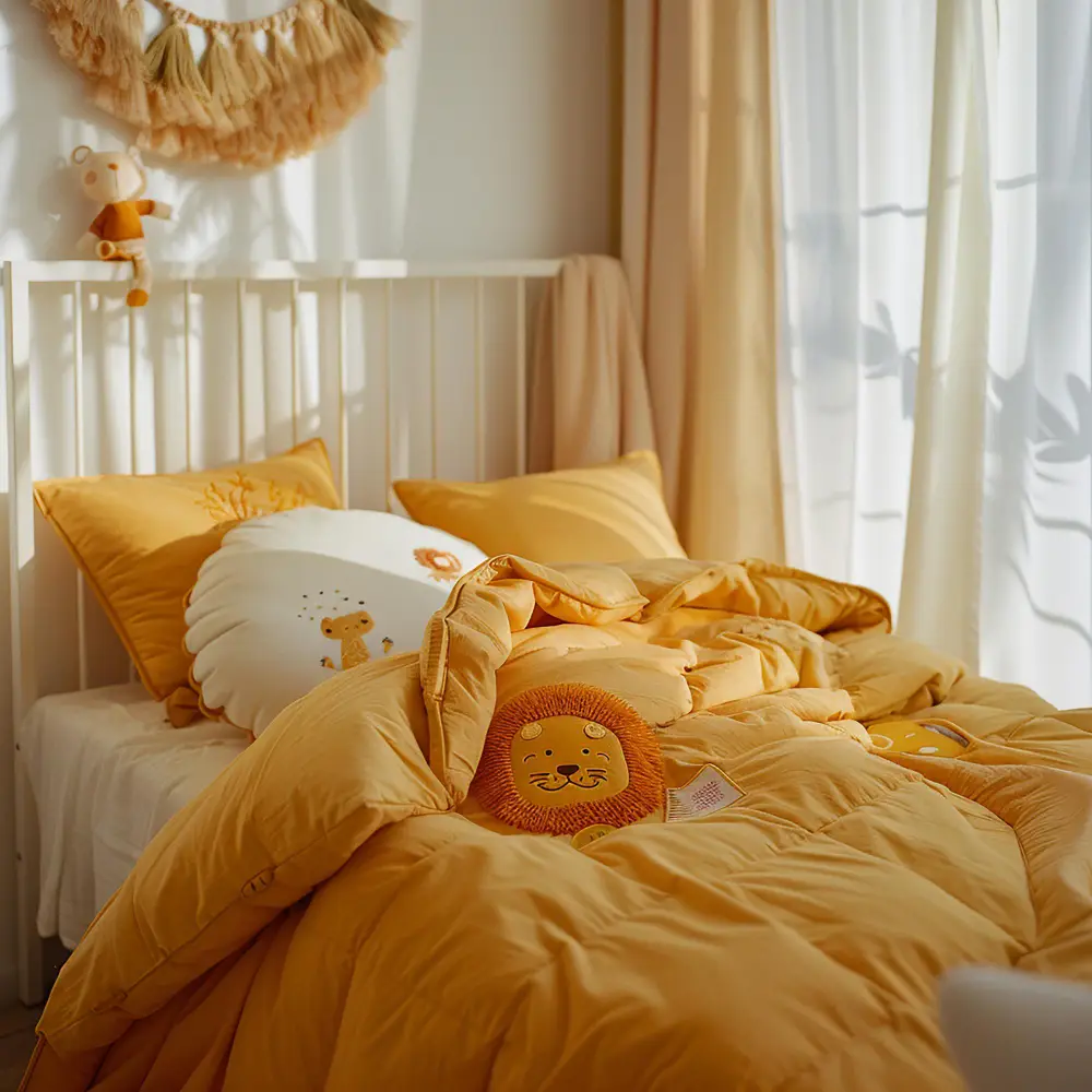 Thick wool area rug extending 20 inches beyond a queen bed frame on both sides with soft linen curtains in background